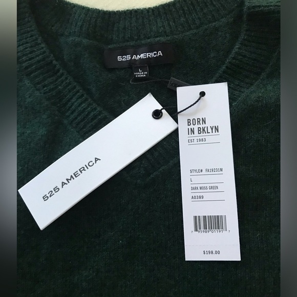 NWT 525 America Men Cashmere V-Neck Long Sleeve Sweater In Dark green SZ L - Picture 6 of 8